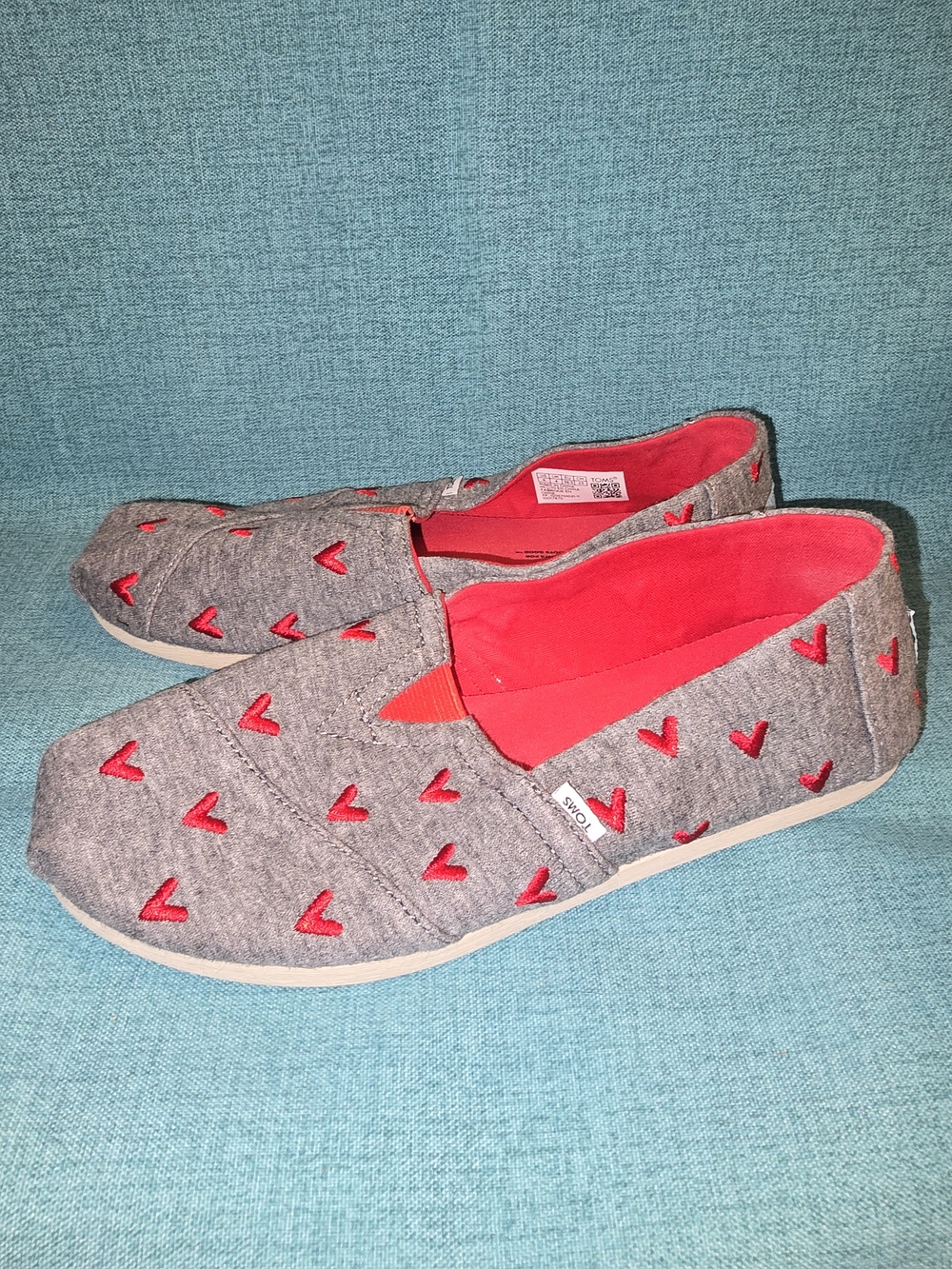TOMS Grey Canvas Slip-Ons with Red Heart Embroidery